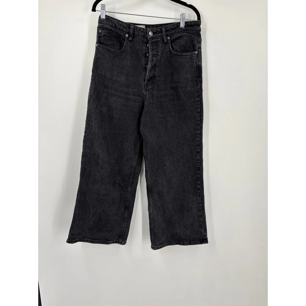 Free People Wide Leg Cropped Jeans Washed Black Button Fly W30 61855-16515125